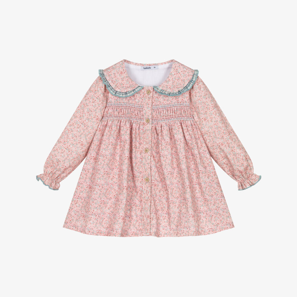 Babidu-Girls Pink Floral Cotton Dress with Smocking | Childrensalon Outlet