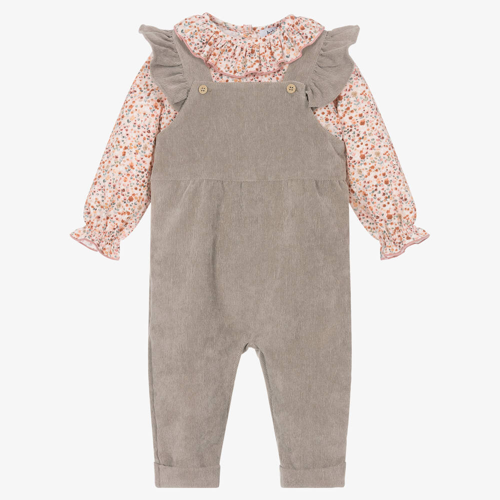 Babidu - Girls Pink Floral Cotton Dungaree Set | Childrensalon