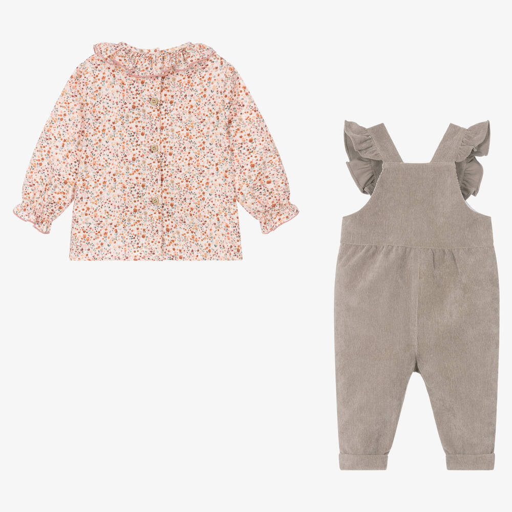 Babidu-Girls Pink Floral Cotton Dungaree Set | Childrensalon Outlet