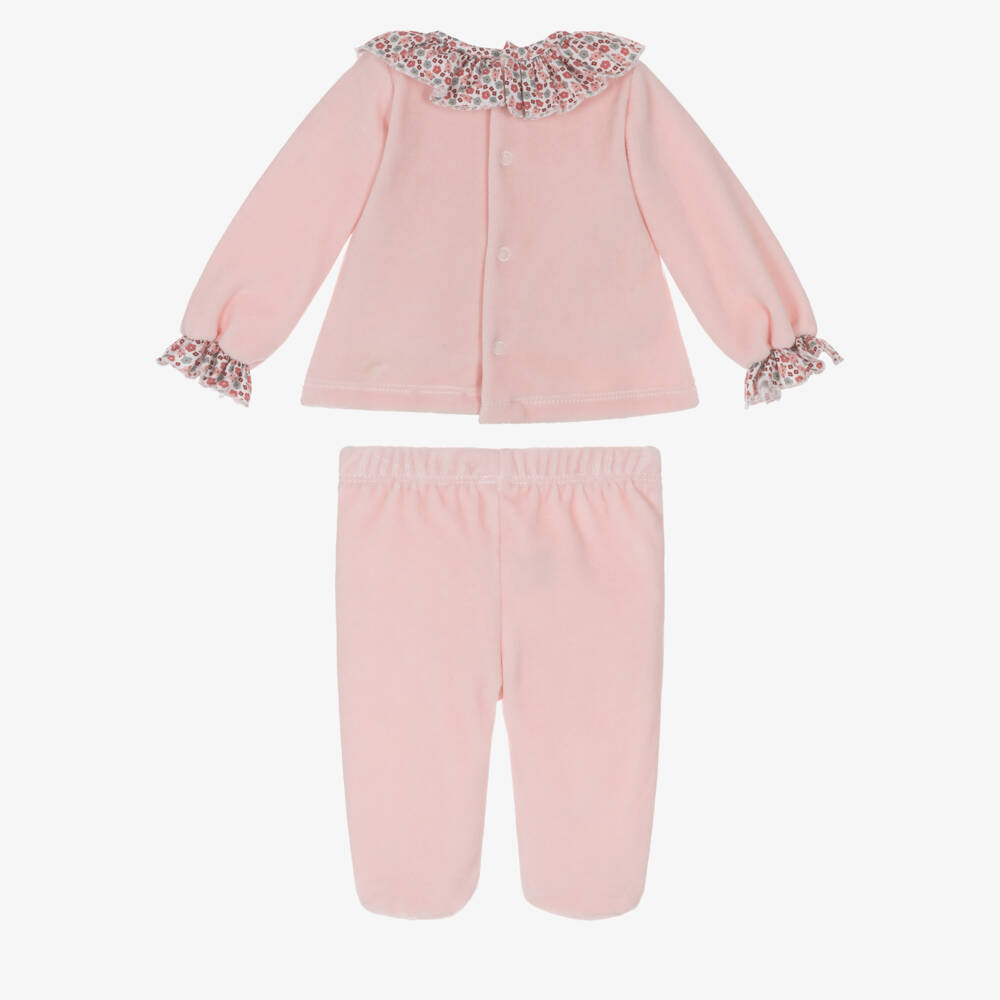 Babidu-Girls Pink Floral Velour 2 Piece Babygrow | Childrensalon Outlet