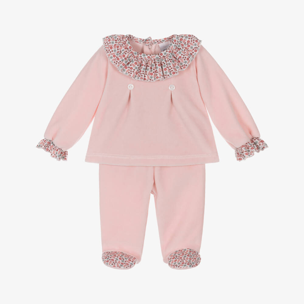 Babidu-Girls Pink Floral Velour 2 Piece Babygrow | Childrensalon Outlet