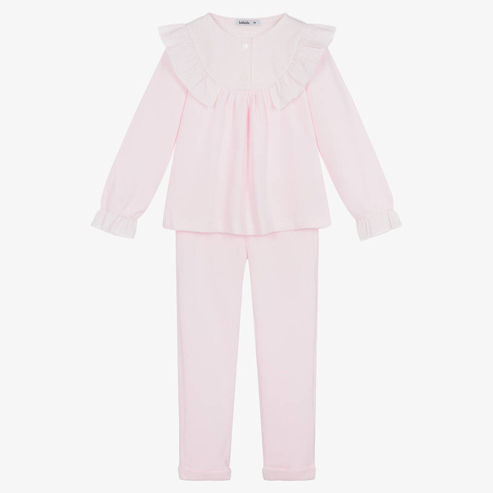 Babidu - Girls Pink Frill Cotton Trouser Set  | Childrensalon