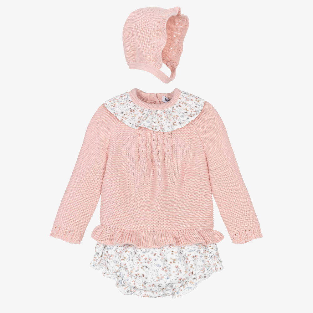 Babidu - Girls Pink Knit Floral Shorts Set | Childrensalon