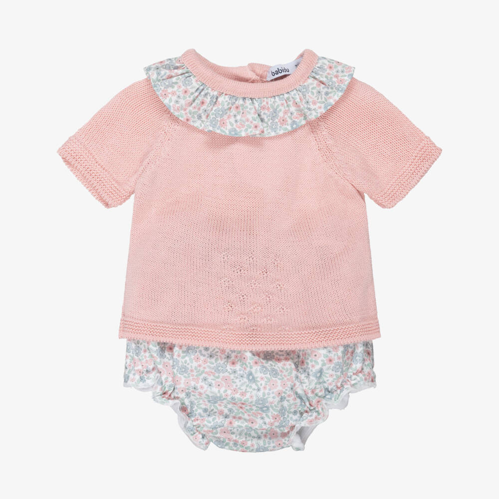 Babidu-Girls Pink Knitted Top & Floral Print Shorts Set | Childrensalon Outlet