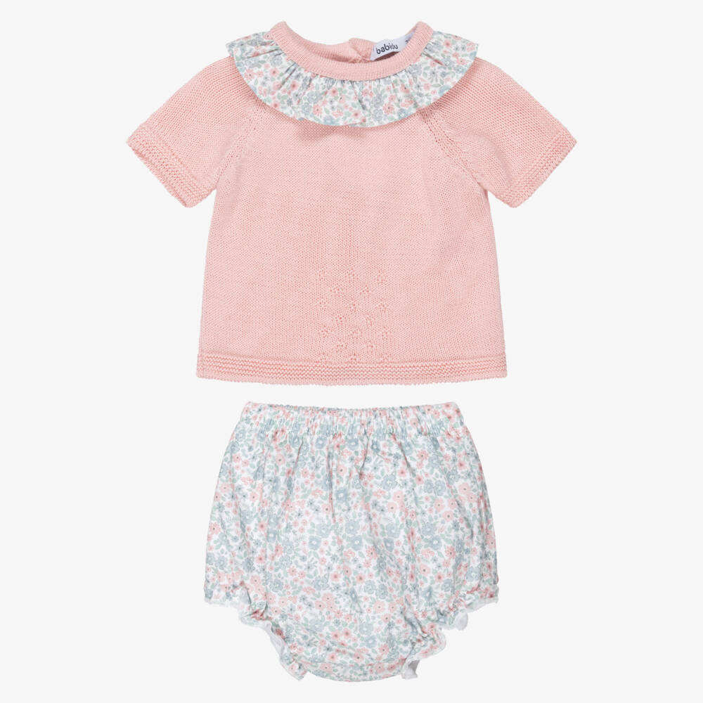 Babidu-Girls Pink Knitted Top & Floral Print Shorts Set | Childrensalon Outlet