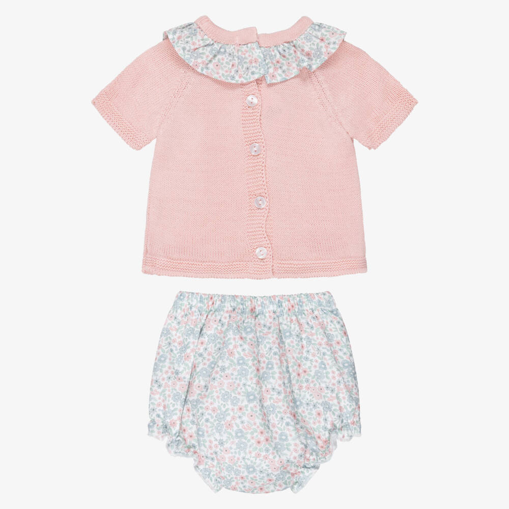 Babidu-Girls Pink Knitted Top & Floral Print Shorts Set | Childrensalon Outlet