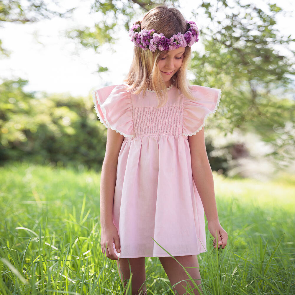 Babidu-Girls Pink Linen & Cotton Dress | Childrensalon Outlet