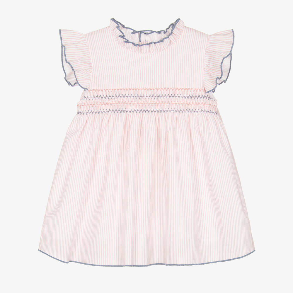 Babidu-Girls Pink Stripe Cotton Dress with Smocked Panel | Childrensalon Outlet