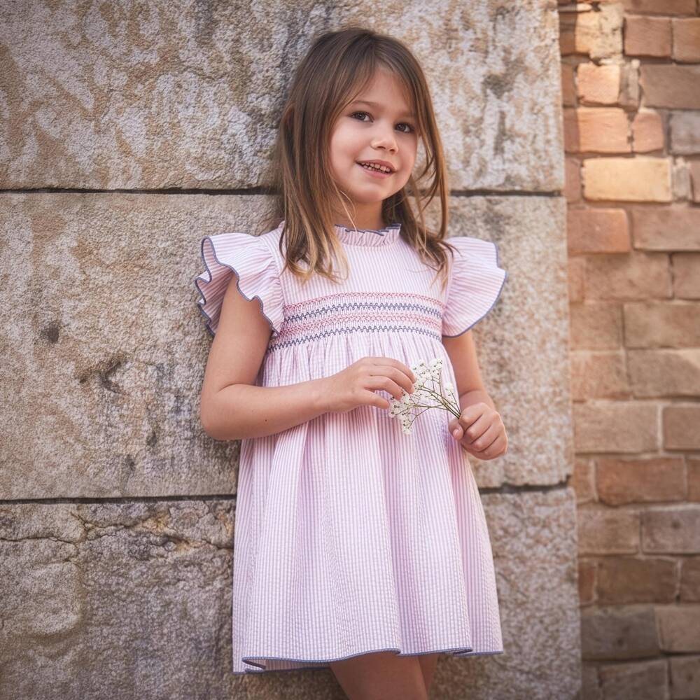 Babidu-Girls Pink Stripe Cotton Dress with Smocked Panel | Childrensalon Outlet