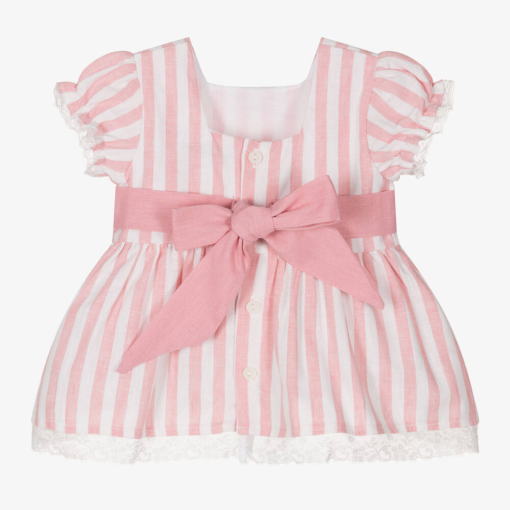Babidu-Girls Pink Striped Linen Dress | Childrensalon Outlet