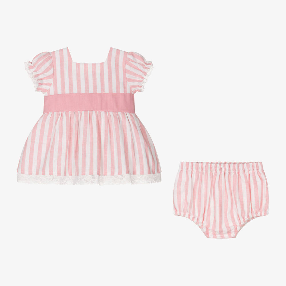 Babidu-Girls Pink Striped Linen Dress | Childrensalon Outlet