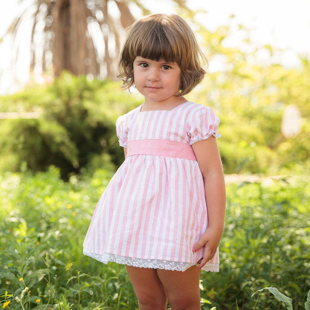 Babidu-Girls Pink Striped Linen Dress | Childrensalon Outlet