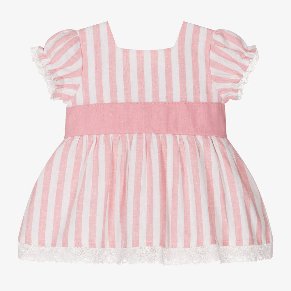 Babidu-Girls Pink Striped Linen Dress | Childrensalon Outlet