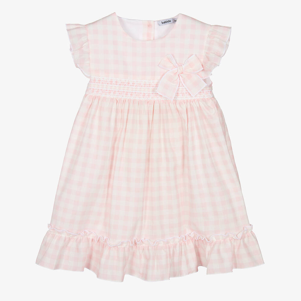 Babidu - Girls Pink & White Check Cotton Dress | Childrensalon