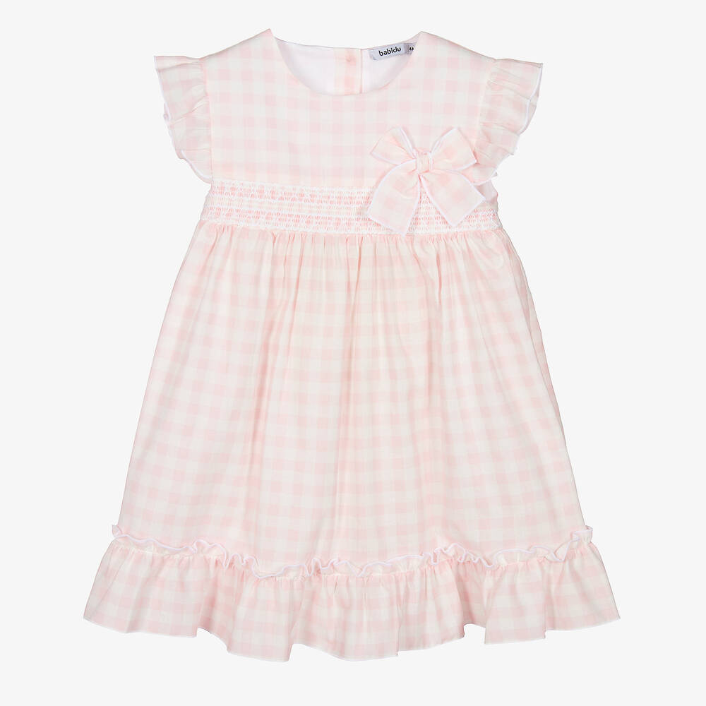 Babidu-Розово-белое платье из хлопка в клетку | Childrensalon Outlet