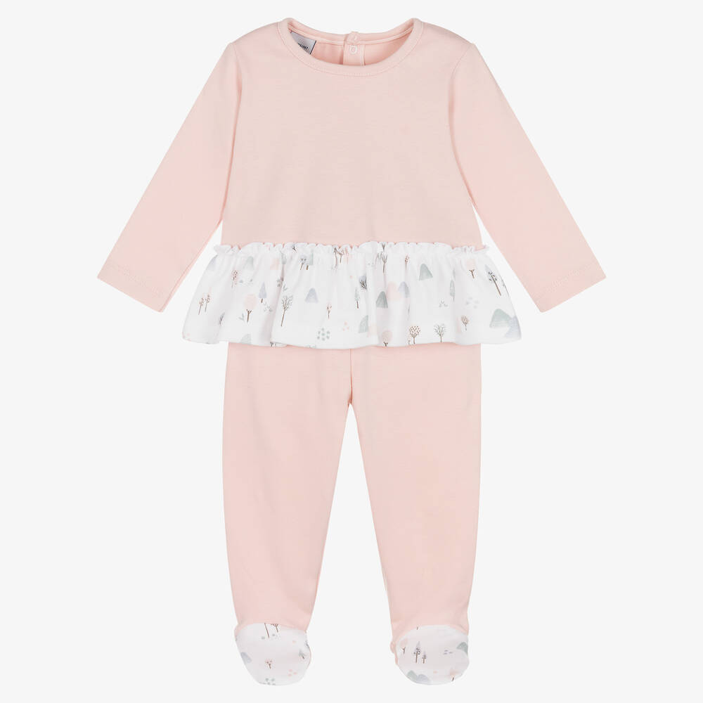 Babidu - Girls Pink & White Cotton 2 Piece Babygrow | Childrensalon