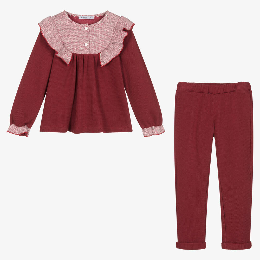 Babidu-Girls Red Cotton Knit Trousers Set | Childrensalon Outlet