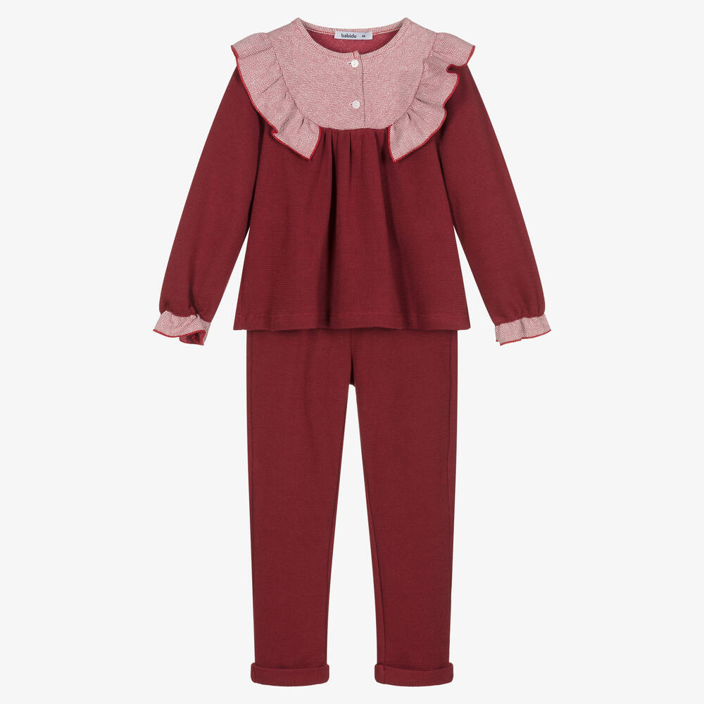 Babidu - Girls Red Cotton Knit Trousers Set | Childrensalon