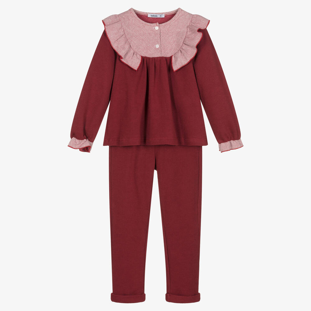 Babidu-Girls Red Cotton Knit Trousers Set | Childrensalon Outlet
