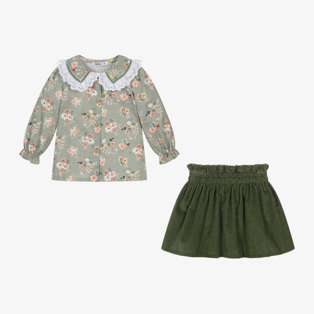 Babidu-Girls Sage Floral Skirt Ensemble | Childrensalon Outlet