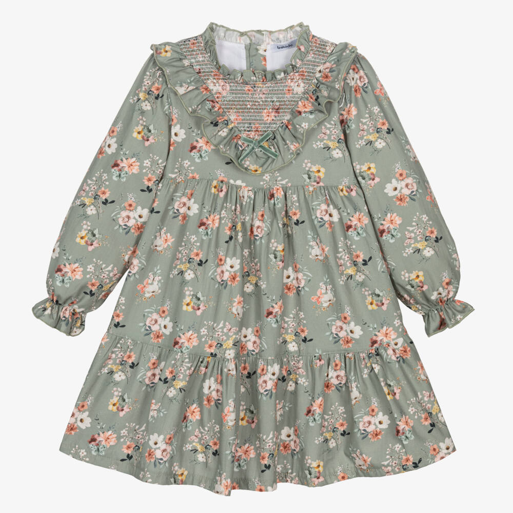 Babidu-Girls Sage Floral Twill Dress | Childrensalon Outlet