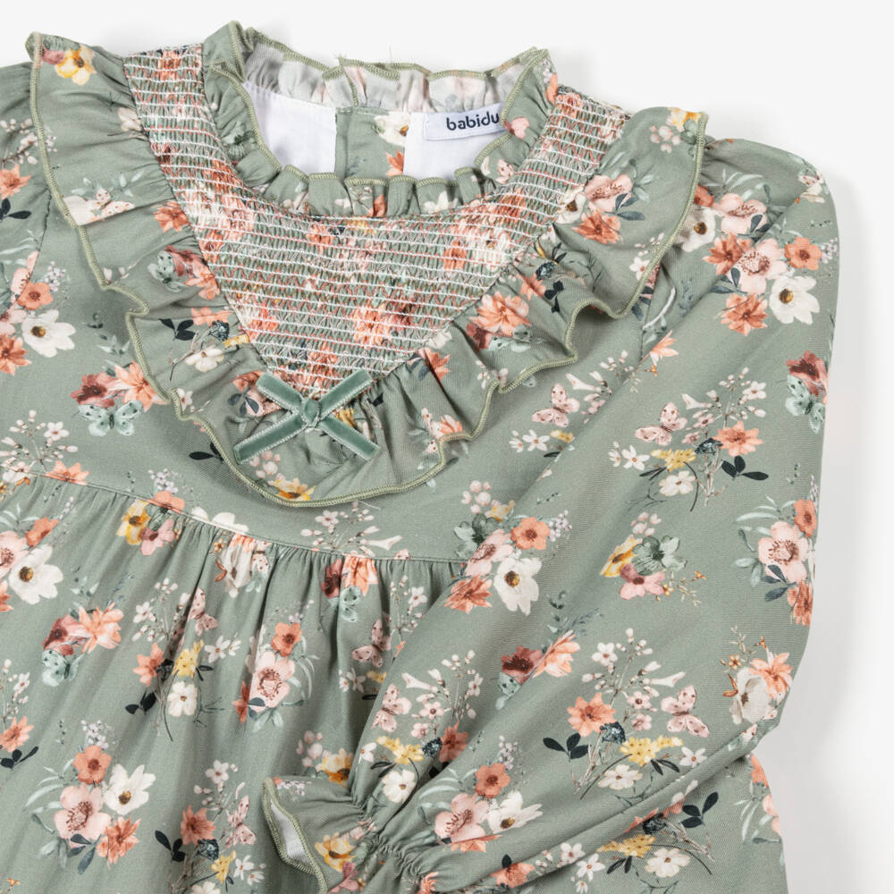 Babidu-Girls Sage Floral Twill Dress | Childrensalon Outlet