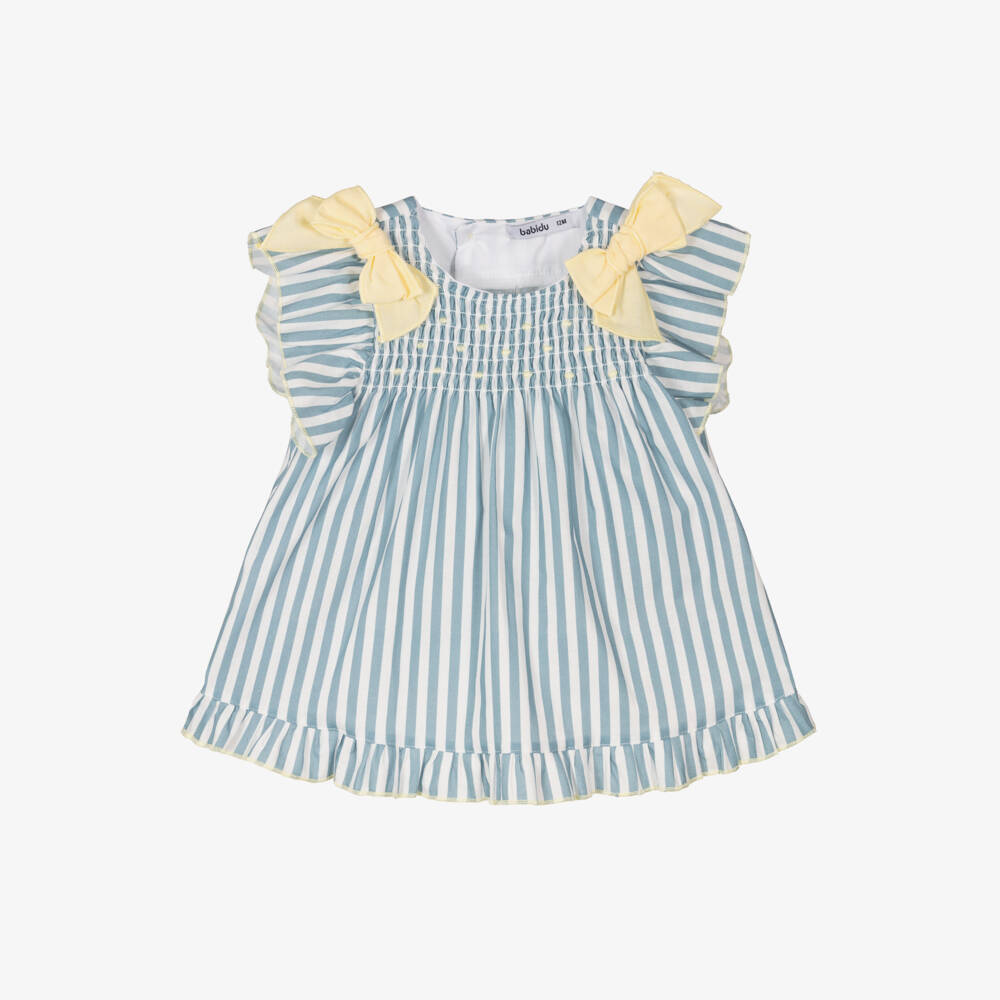 Babidu-Girls Soft Blue Striped Cotton Frock | Childrensalon Outlet