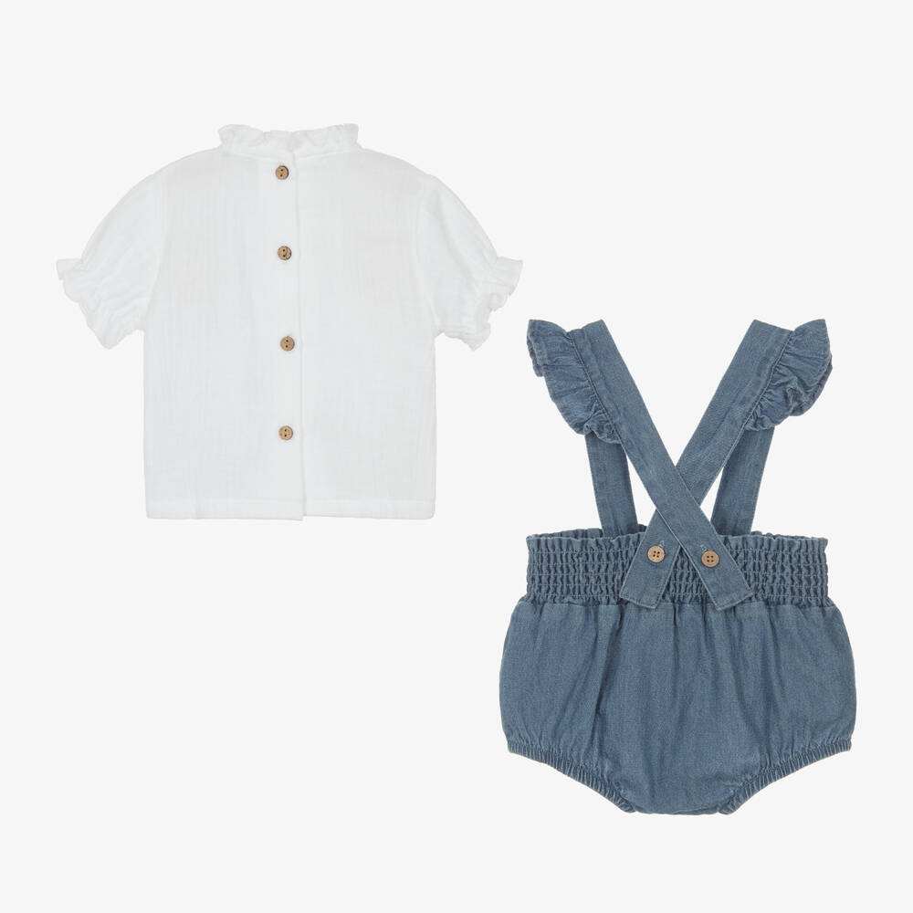 Babidu-طقم شورت أطفال بناتي قطن لون أبيض و أزرق | Childrensalon Outlet