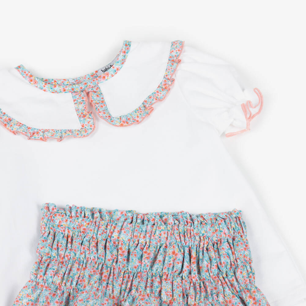 Babidu-Girls White & Blue Floral Cotton Skirt Set | Childrensalon Outlet