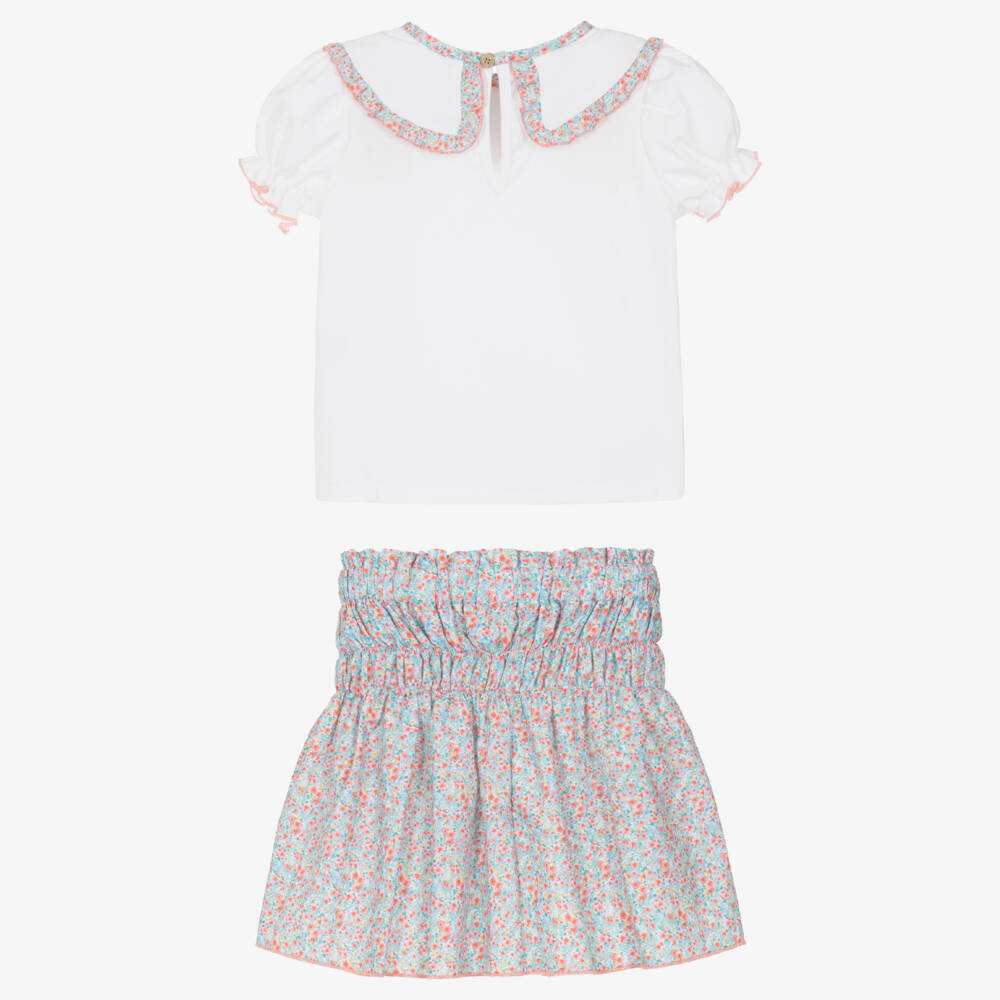 Babidu-Girls White & Blue Floral Cotton Skirt Set | Childrensalon Outlet