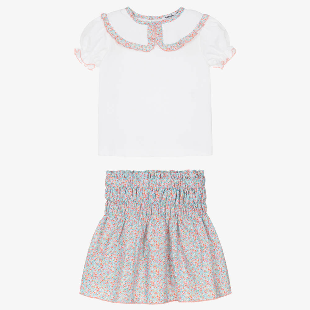 Babidu-Girls White & Blue Floral Cotton Skirt Set | Childrensalon Outlet