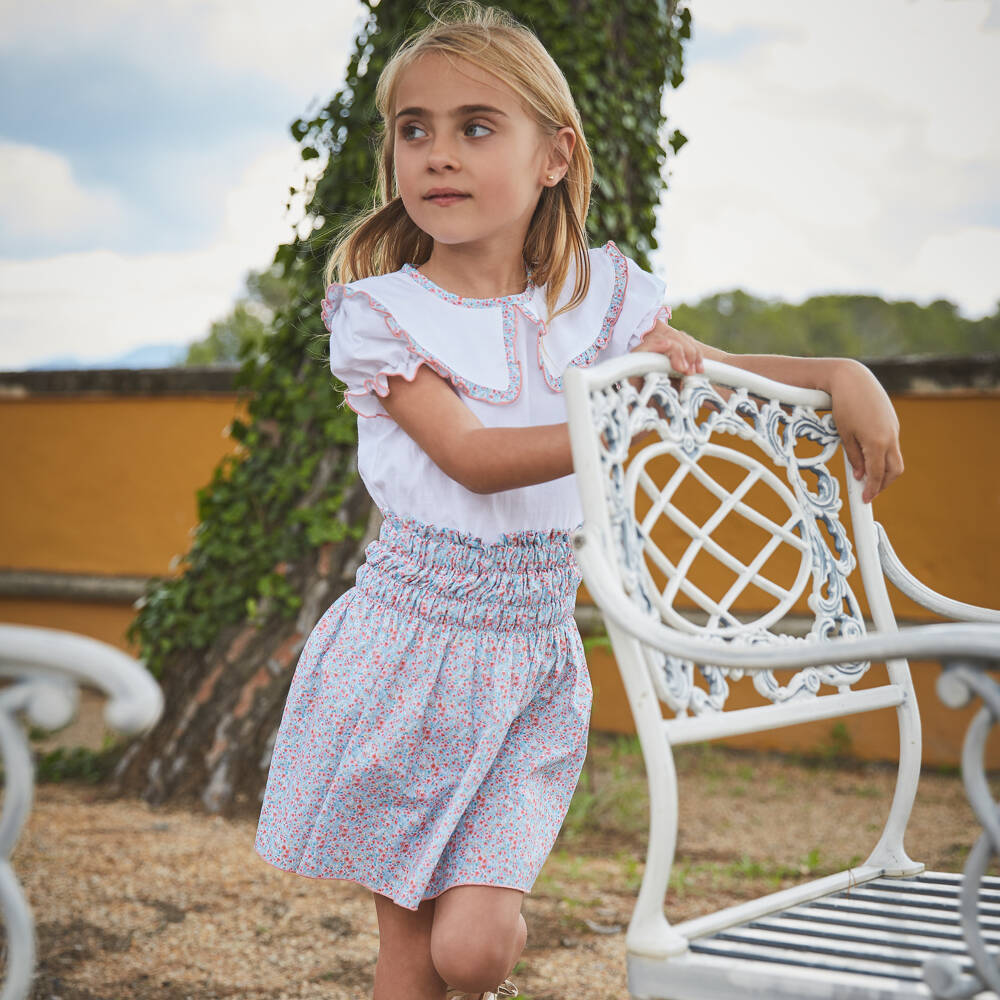 Babidu-Girls White & Blue Floral Cotton Skirt Set | Childrensalon Outlet