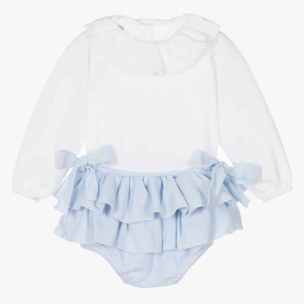 Babidu - Girls White & Blue Shorts Set | Childrensalon