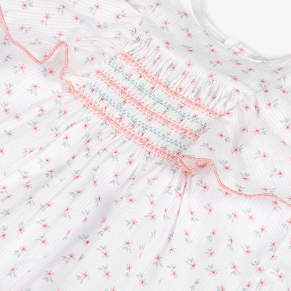 Babidu-Girls White Cotton Dress with Pink Floral Print | Childrensalon Outlet
