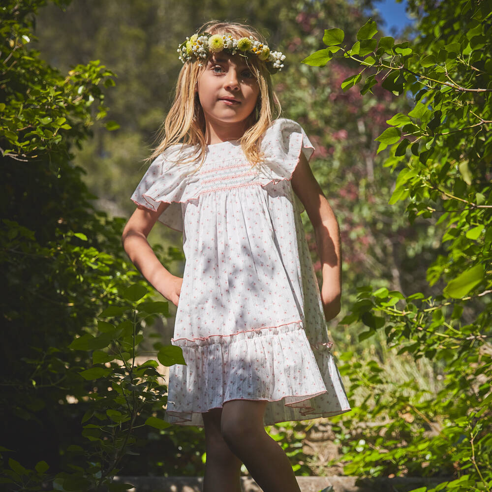 Babidu-Girls White Cotton Dress with Pink Floral Print | Childrensalon Outlet