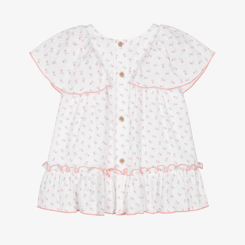 Babidu-Girls White Cotton Dress with Pink Floral Print | Childrensalon Outlet