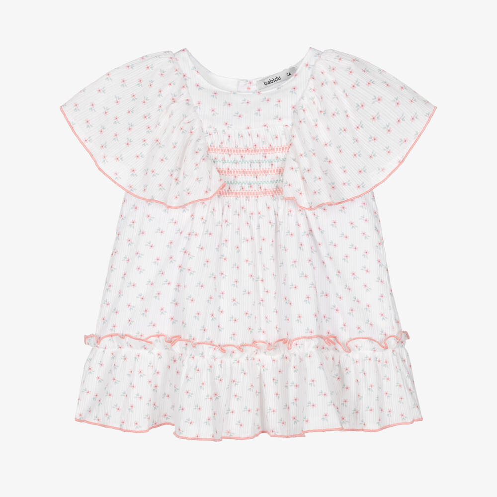 Babidu-Girls White Cotton Dress with Pink Floral Print | Childrensalon Outlet