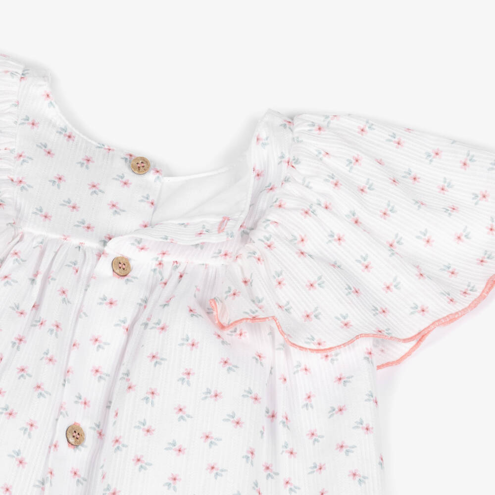 Babidu-Girls White Cotton Dress with Pink Floral Print | Childrensalon Outlet