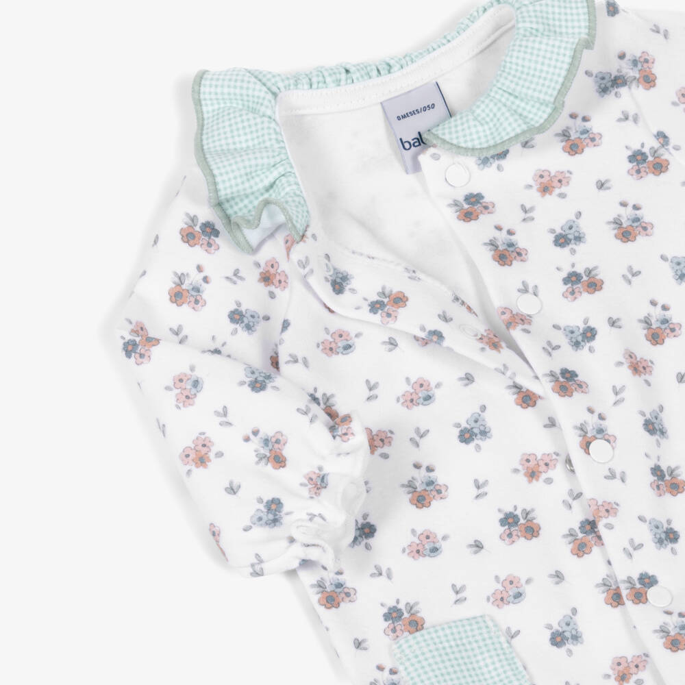 Babidu-Girls White Cotton Floral Babygrow with Green Gingham Trims | Childrensalon Outlet