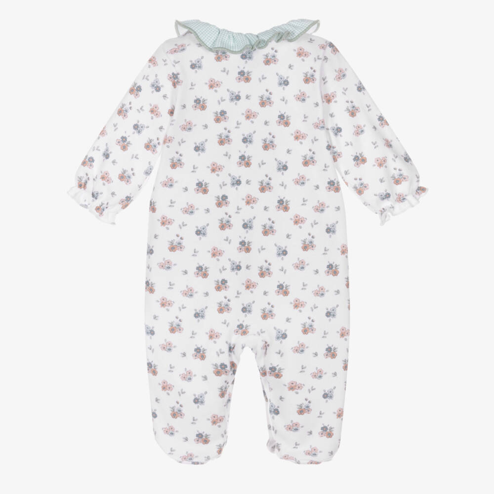 Babidu-Girls White Cotton Floral Babygrow with Green Gingham Trims | Childrensalon Outlet