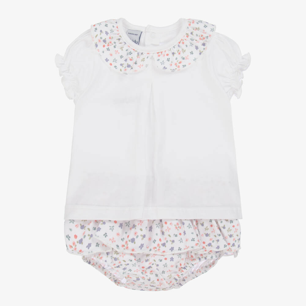 Babidu-Белый хлопковый наряд с цветочным узором для девочек | Childrensalon Outlet