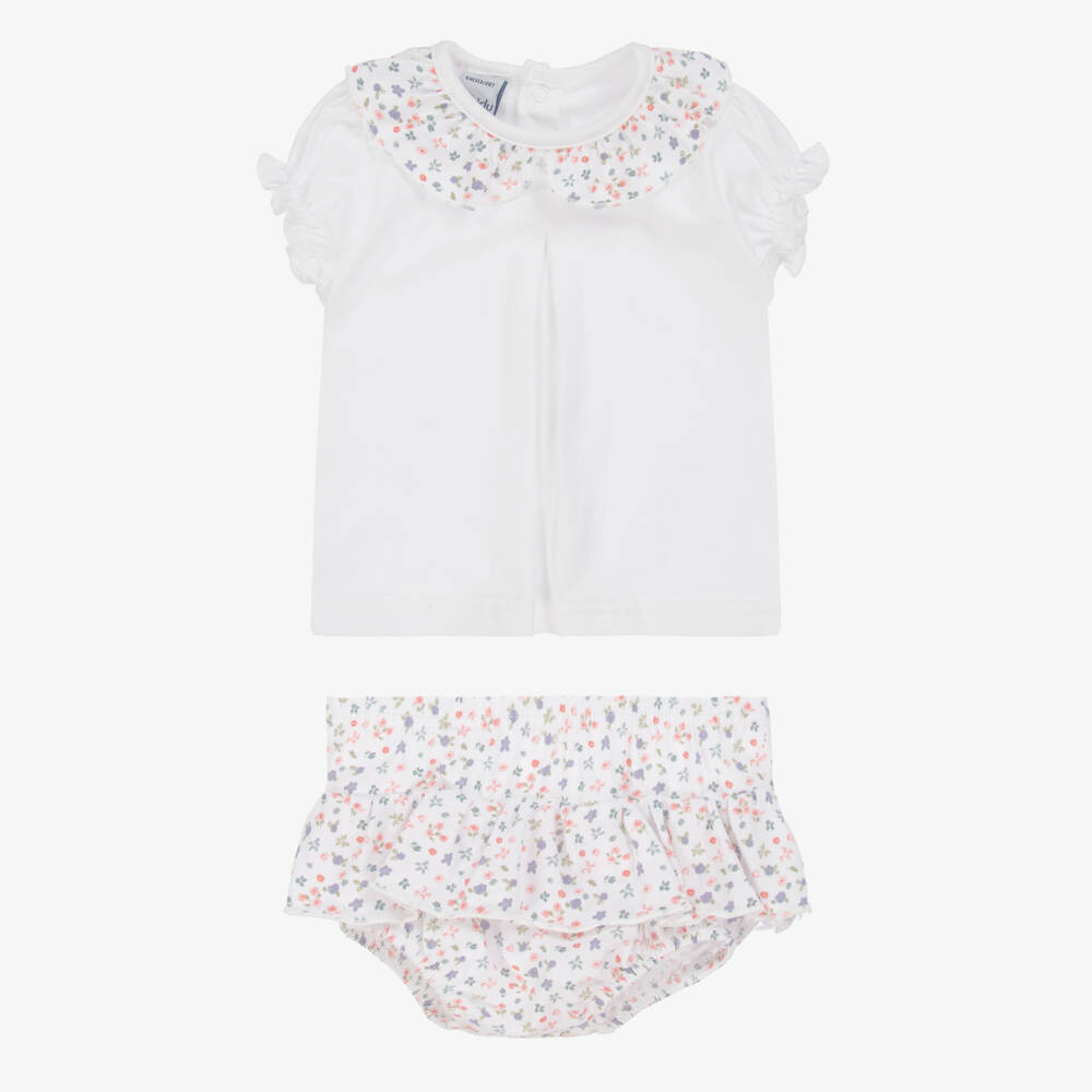 Babidu-Белый хлопковый наряд с цветочным узором для девочек | Childrensalon Outlet