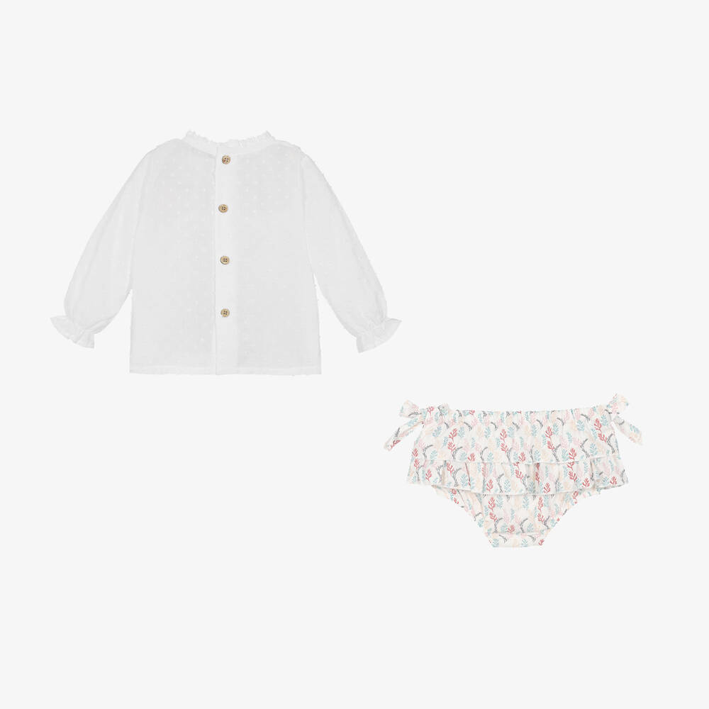 Babidu-Girls White Cotton Leaf Print Shorts Set | Childrensalon Outlet