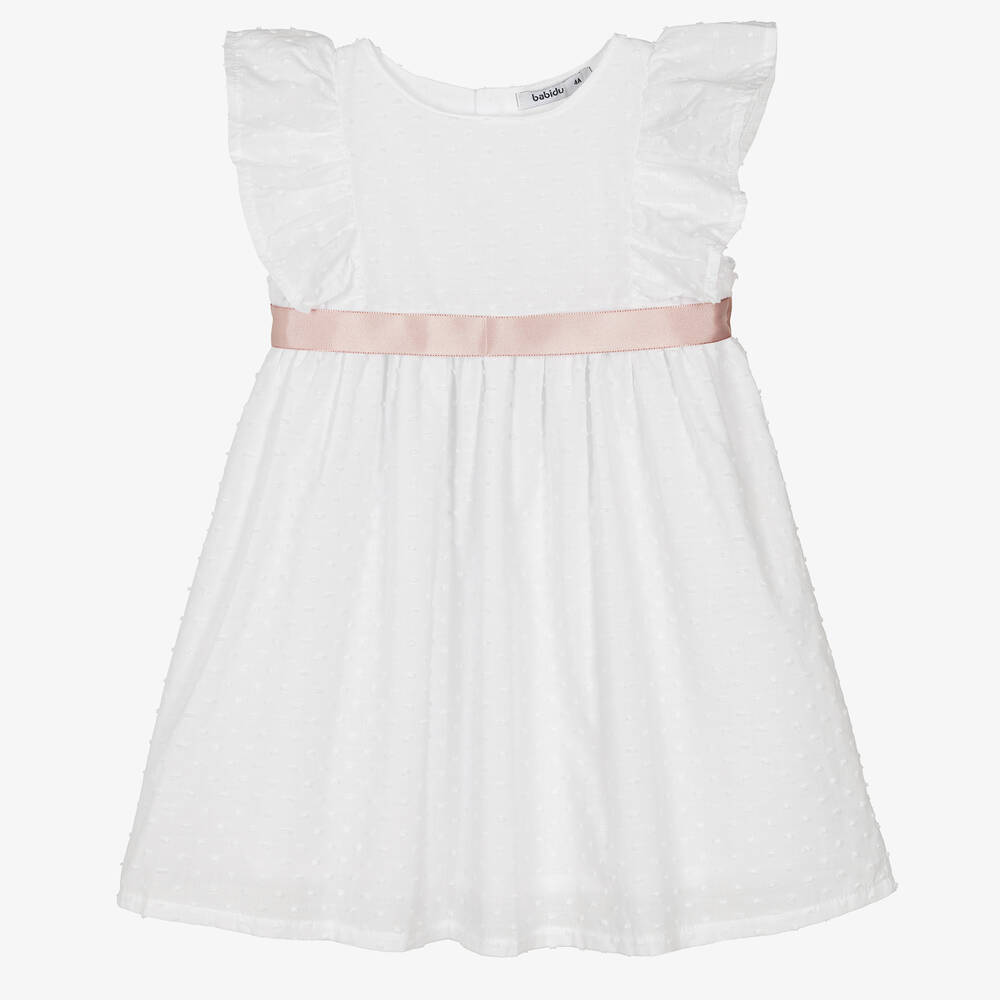 Babidu - Girls White Cotton Plumeti Dress | Childrensalon