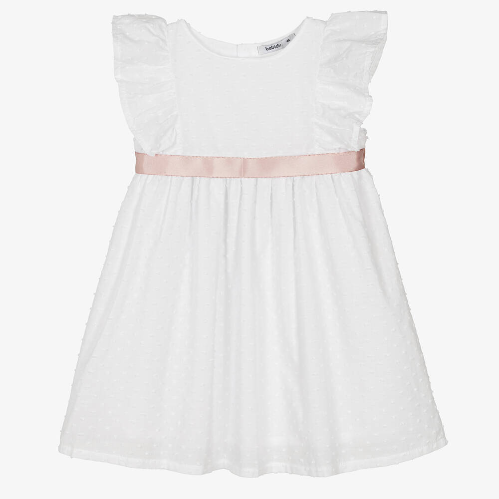 Babidu-Girls White Cotton Plumeti Dress | Childrensalon Outlet