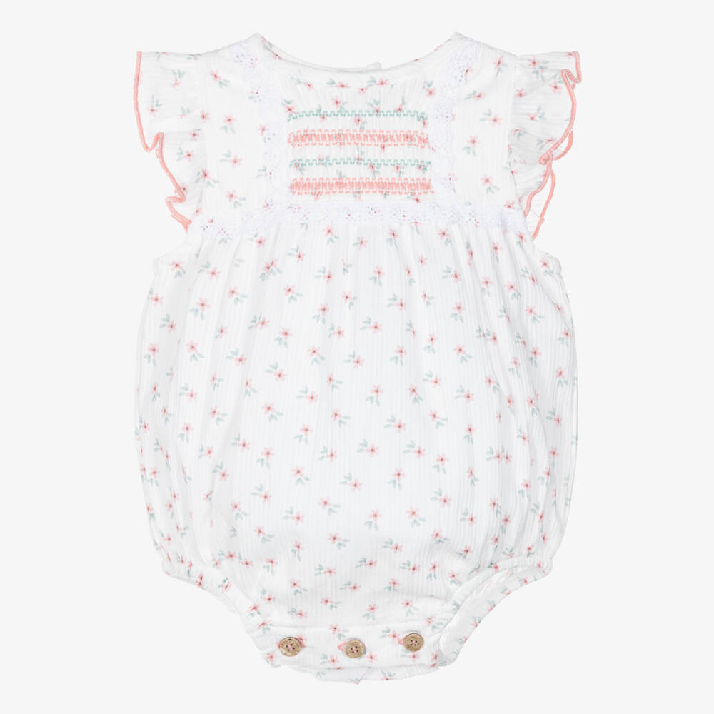 Babidu-Girls White Cotton Shortie with Pink Floral Print | Childrensalon Outlet