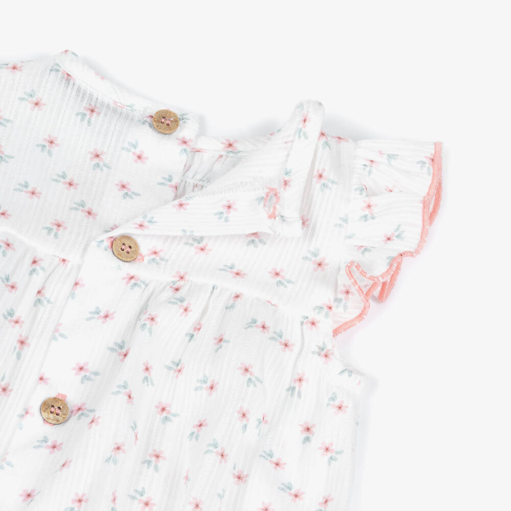 Babidu-Girls White Cotton Shortie with Pink Floral Print | Childrensalon Outlet