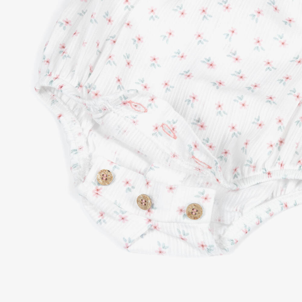 Babidu-Girls White Cotton Shortie with Pink Floral Print | Childrensalon Outlet