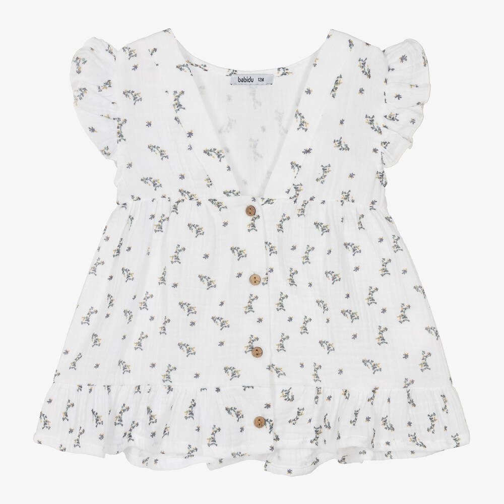 Babidu-Girls White Floral Cotton Dress | Childrensalon Outlet