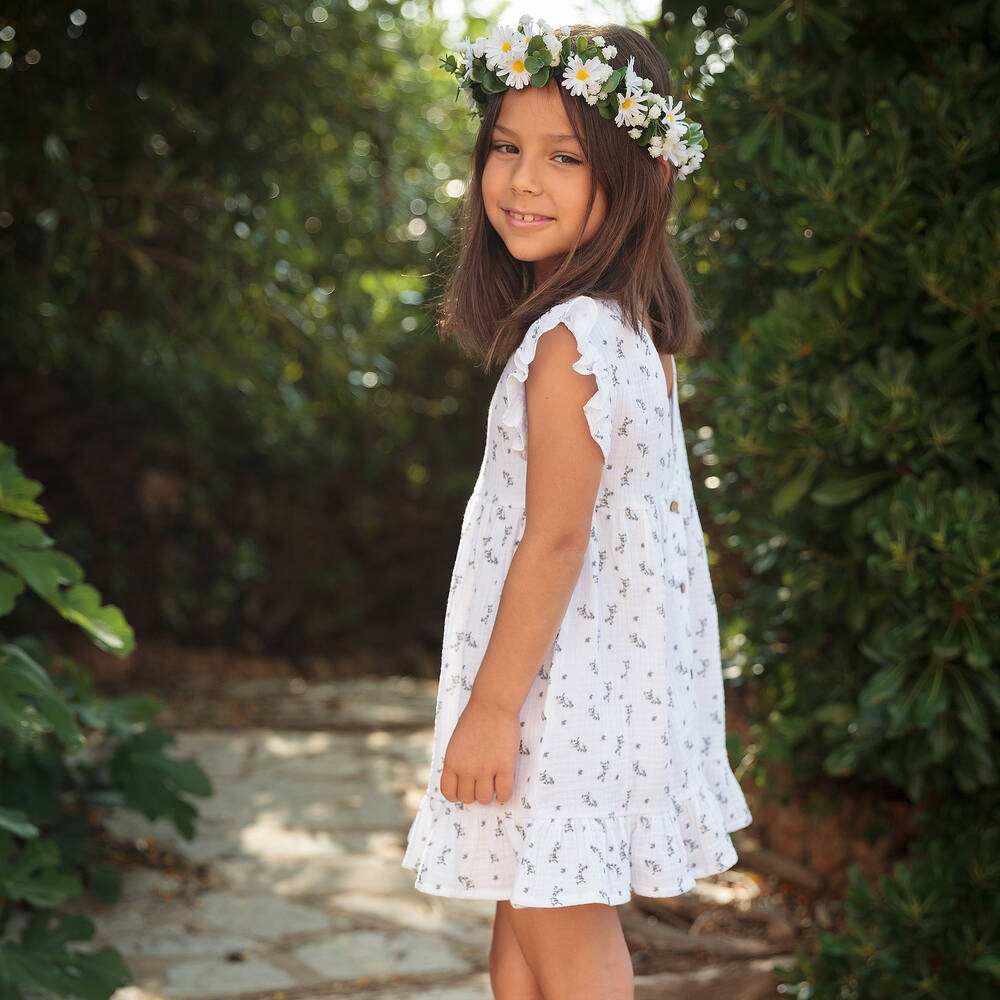 Babidu-Girls White Floral Cotton Dress | Childrensalon Outlet